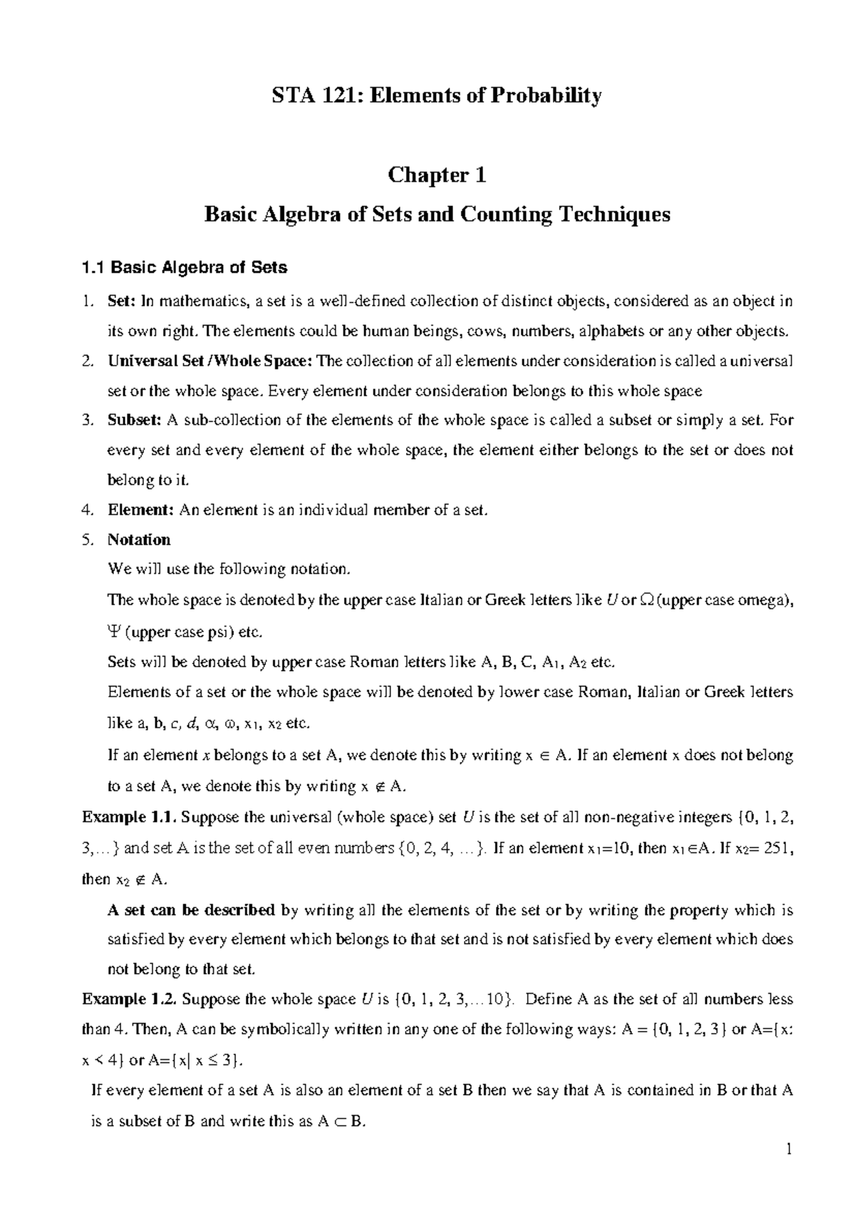 STA 121: Chapter 1 - Basic Algebra of Sets & Counting Techniques - Studocu