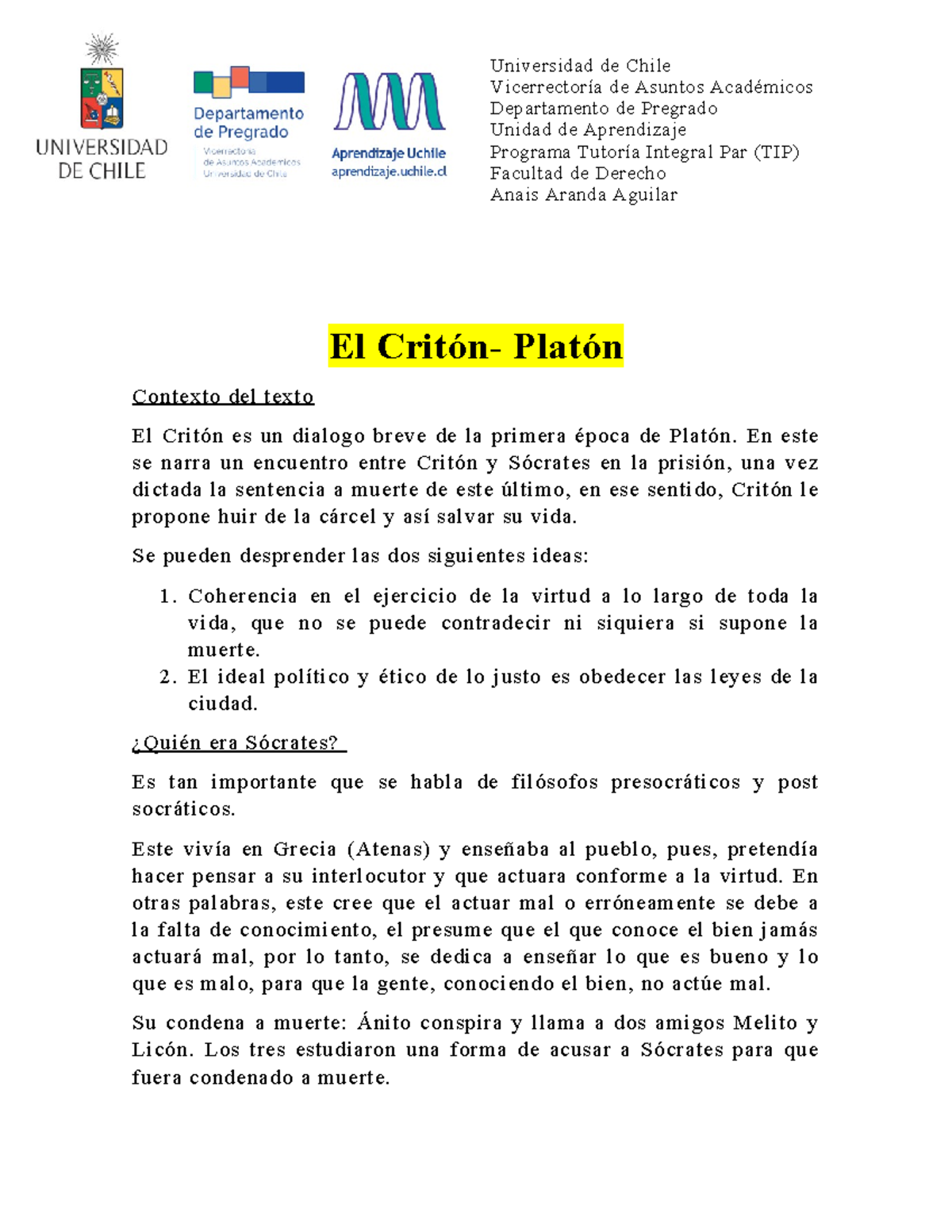 El Critón de Platón: Análisis y Reflexiones Éticas (TIP) - Studocu