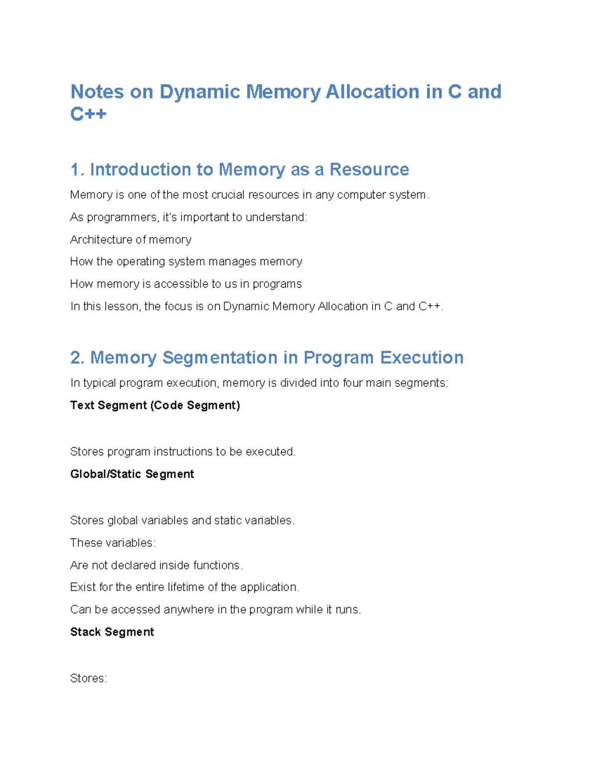 Dynamic Memory Allocation in C: Comprehensive Notes - Studocu