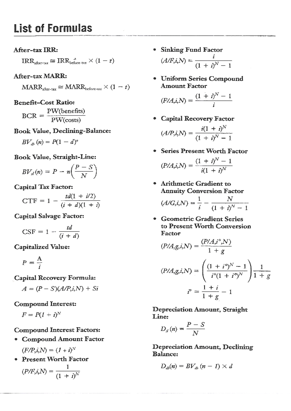 ENGG3240 Formula Sheet: Key Financial & Capital Recovery Factors - Studocu