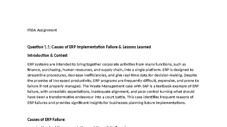 ITISA Assignment: Analyzing ERP Implementation Failures and Lessons ...