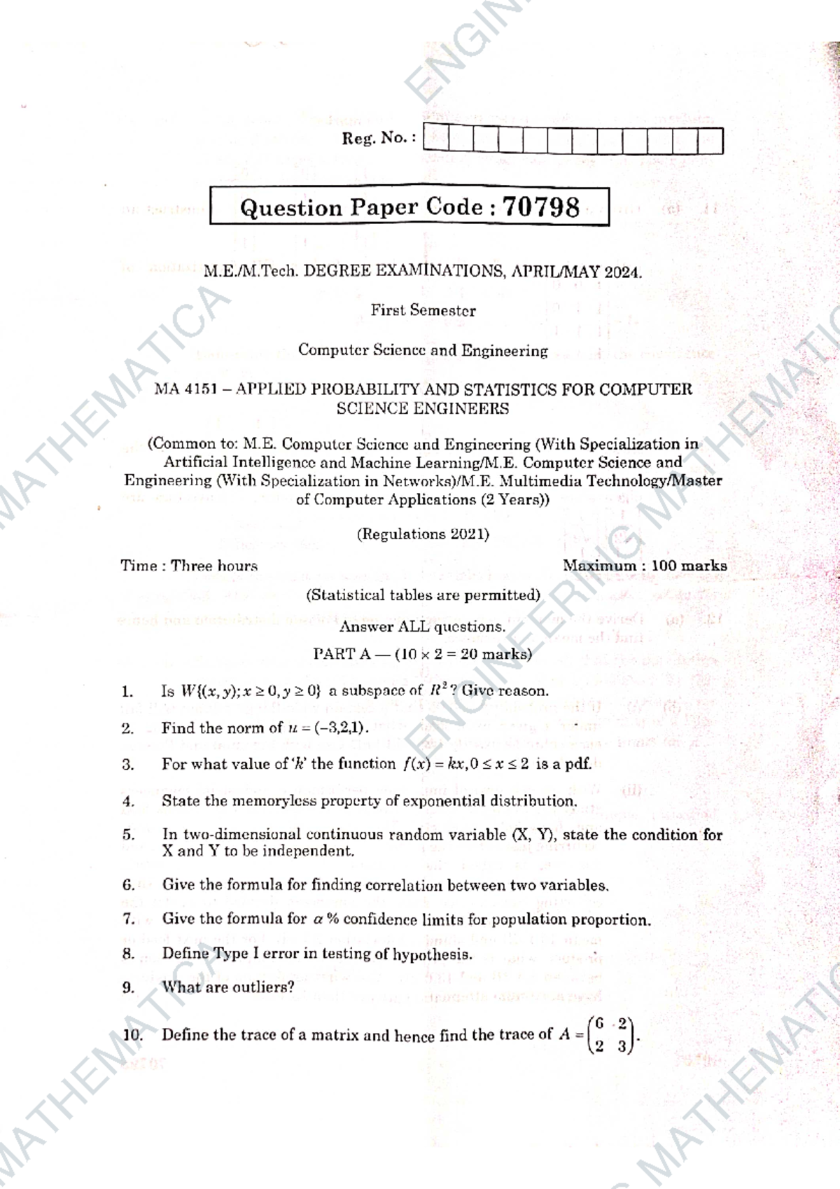 MA4151 APS ME CSE REG 2021 APR MAY 2024 - Applied Probability and ...