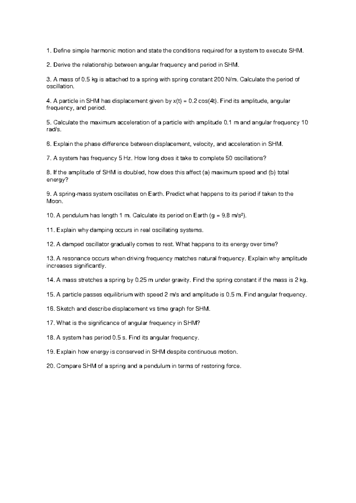 SHM Practice Questions: Key Concepts and Calculations - Studocu