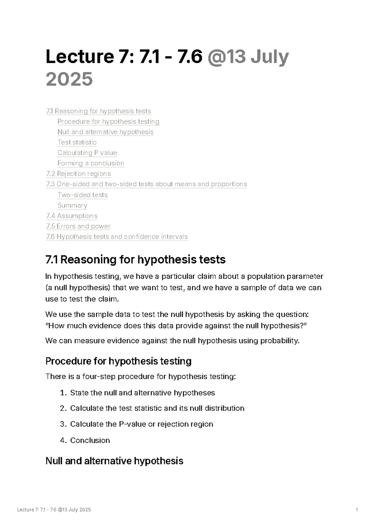 Lecture 7: Hypothesis Testing Procedures & Concepts (7.1 - 7.6) - Studocu