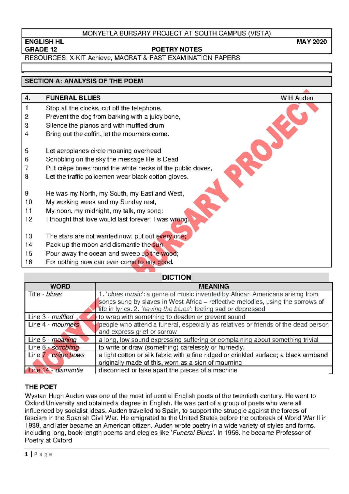 Grade 12 English HL - Funeral Blues Poem Analysis & Notes - Studocu