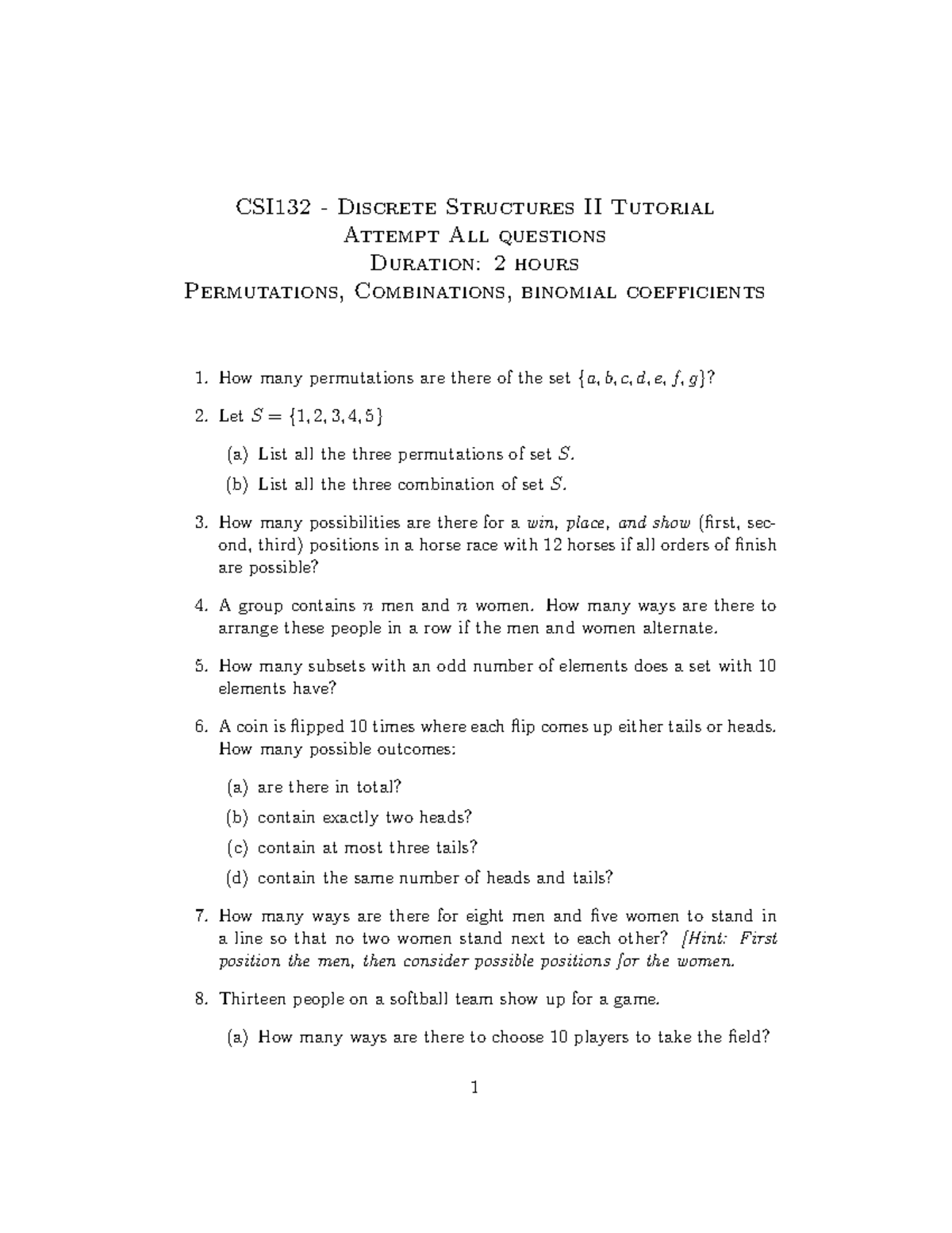 CSI132 Discrete Structures II Tutorial: Combinations & Permutations ...
