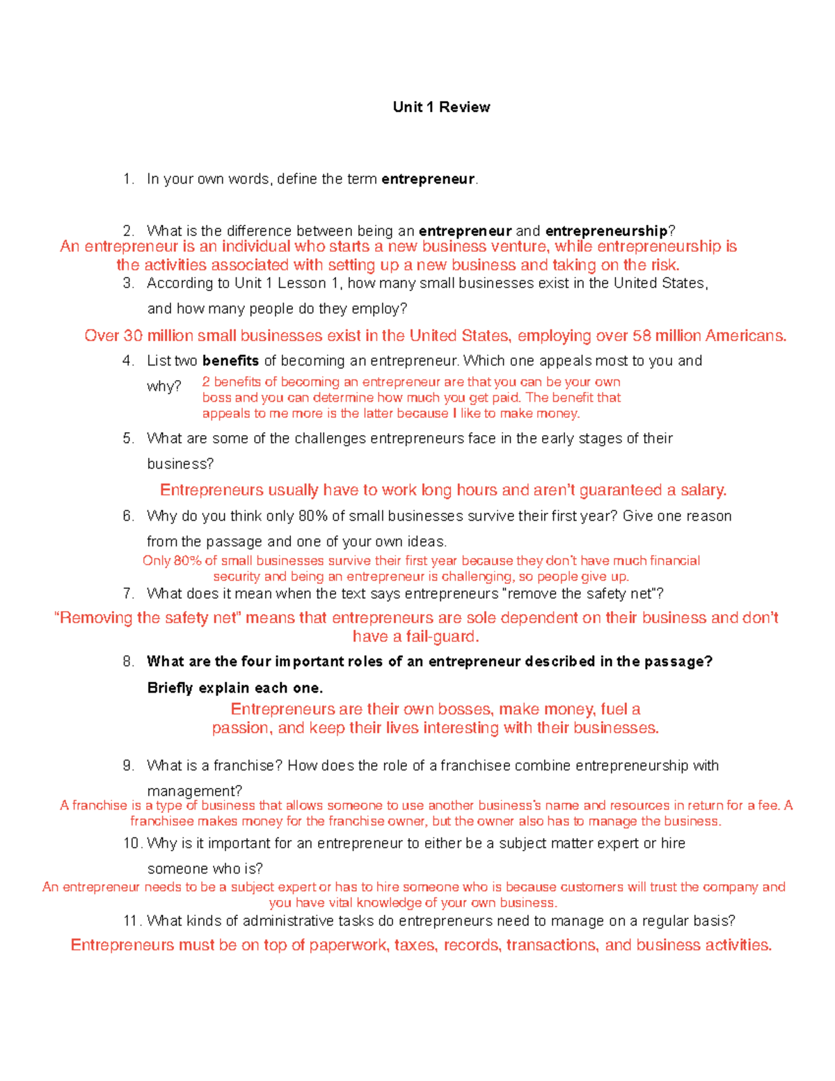 Unit 1 Review: Understanding Entrepreneurship and Small Business ...