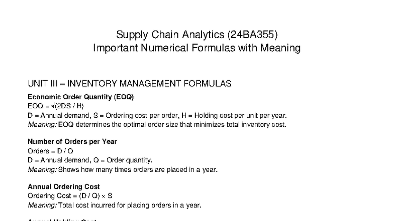 Supply Chain Analytics (24BA355) Key Formulas & Their Meanings - Studocu
