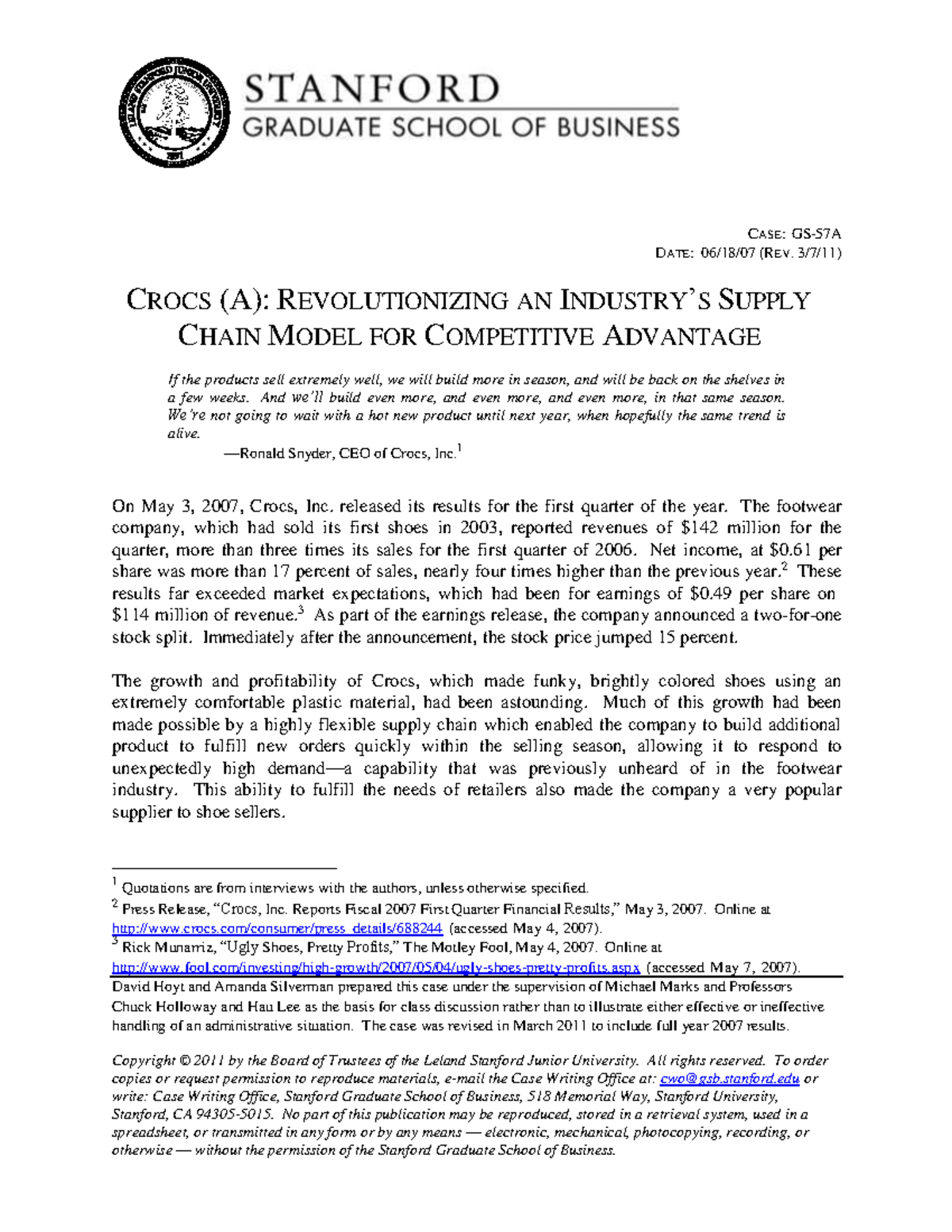 CROCS-CASE: Revolutionizing Supply Chain for Competitive Advantage ...