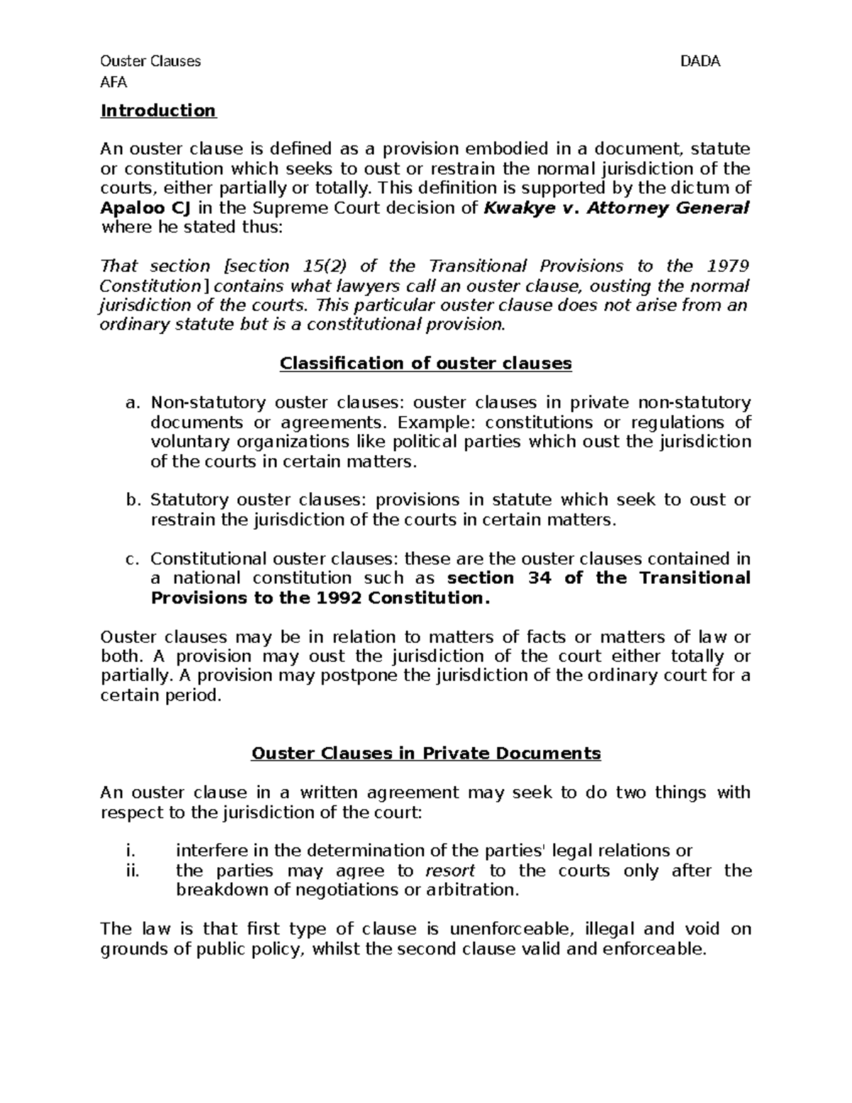 Ouster Clauses: Understanding Their Impact on Jurisdiction - AFA - Studocu