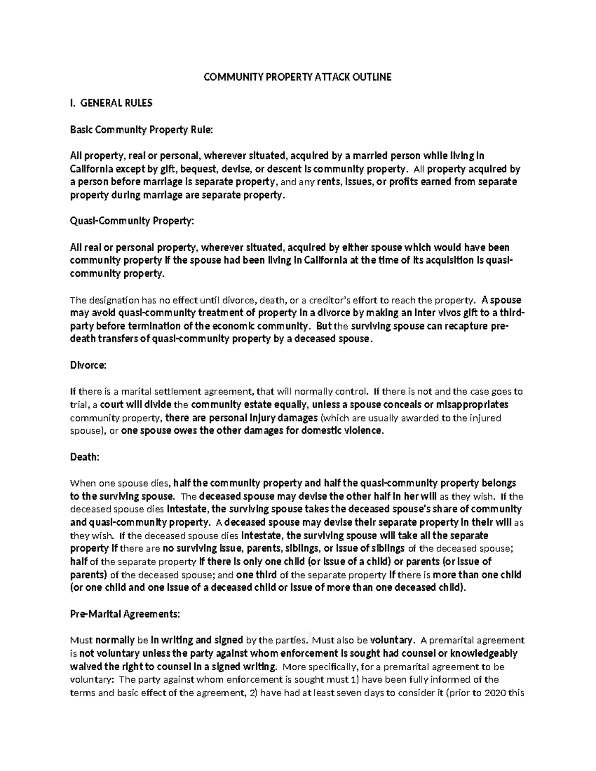 Community Property Attack Outline - Law 101 Fall 2024 - Studocu