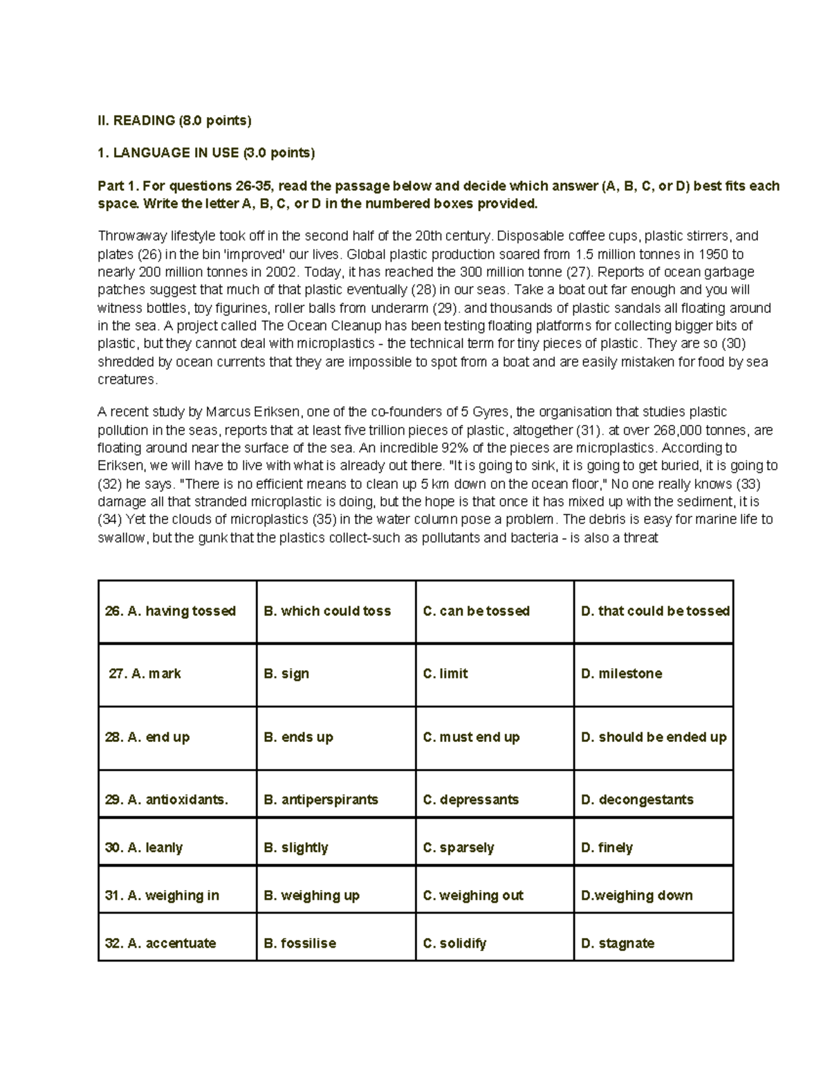 II. LANGUAGE IN USE (3.0 points) - Practice Questions and Answers - Studocu