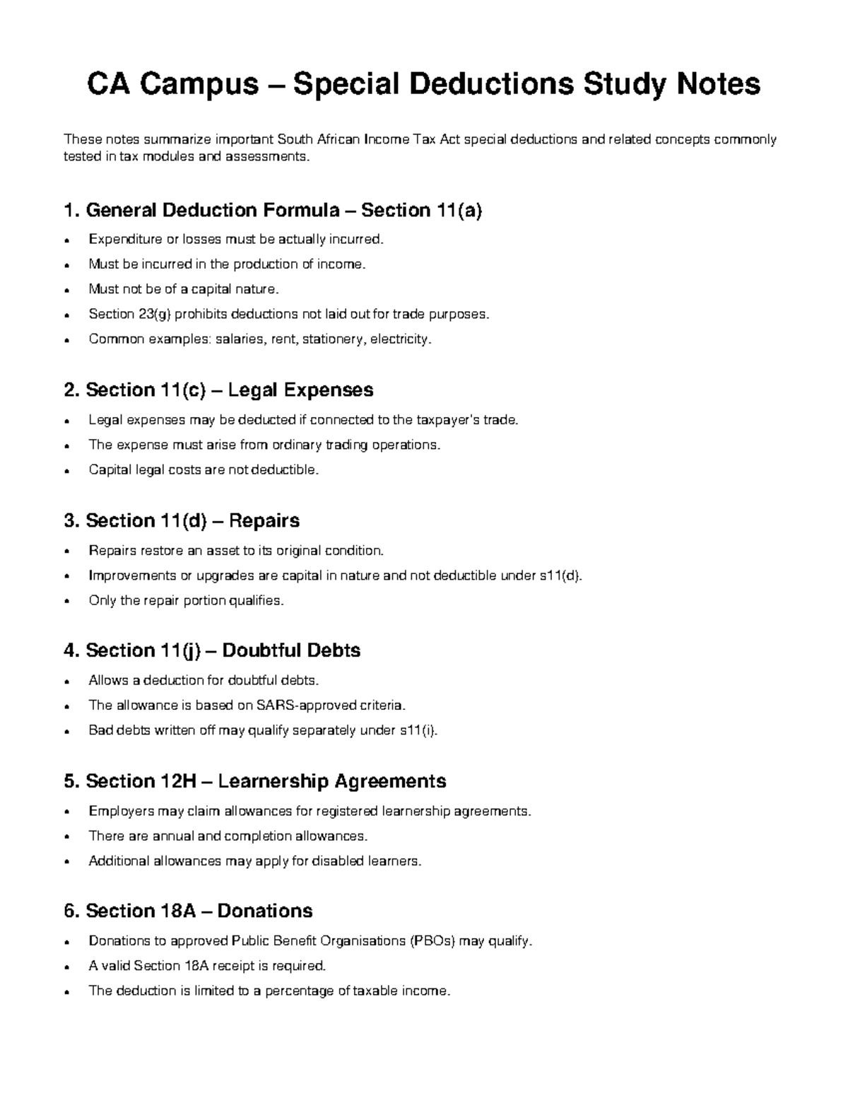 CA Campus Special Deductions Summary Notes for Tax Modules - Studocu