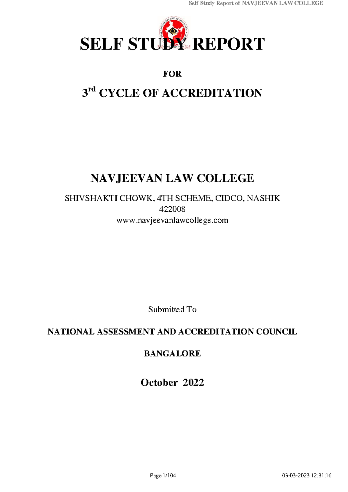 Self Study Report for 3rd Cycle Accreditation of Navjeevan Law College ...