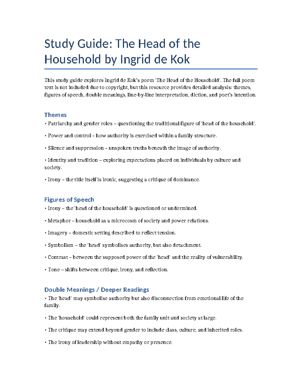 Study Guide: The Head of the Household (ENG 101) Analysis &amp; Themes - Studocu