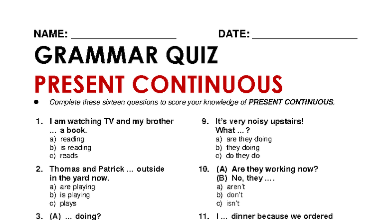 Be2 - Grammar Quiz: Present Continuous (16 Questions) - Studocu