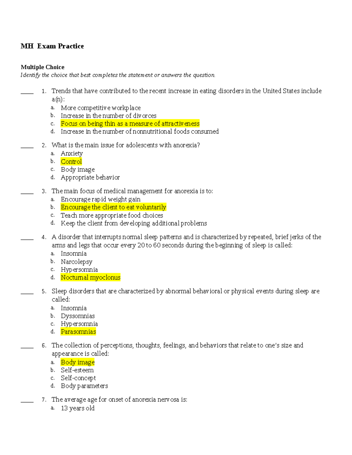 MH EXAM Practice 3 - notes that will give you a better understanding of ...