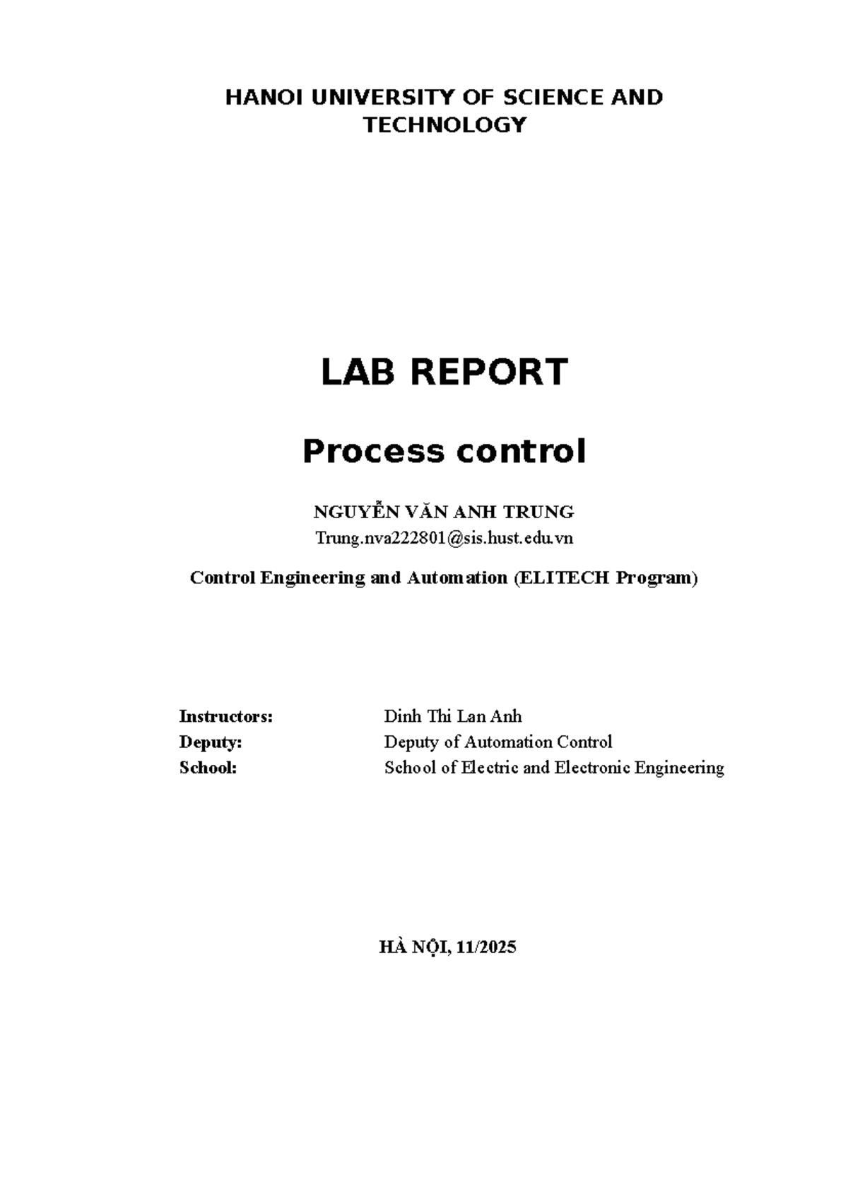 Lab Report on Process Control for EE3550E: Control Engineering Insights ...