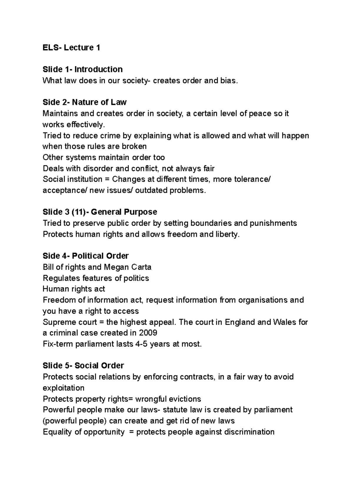ELS Nature of Law - Lecture Notes - ELS- Lecture 1 Slide 1 ...