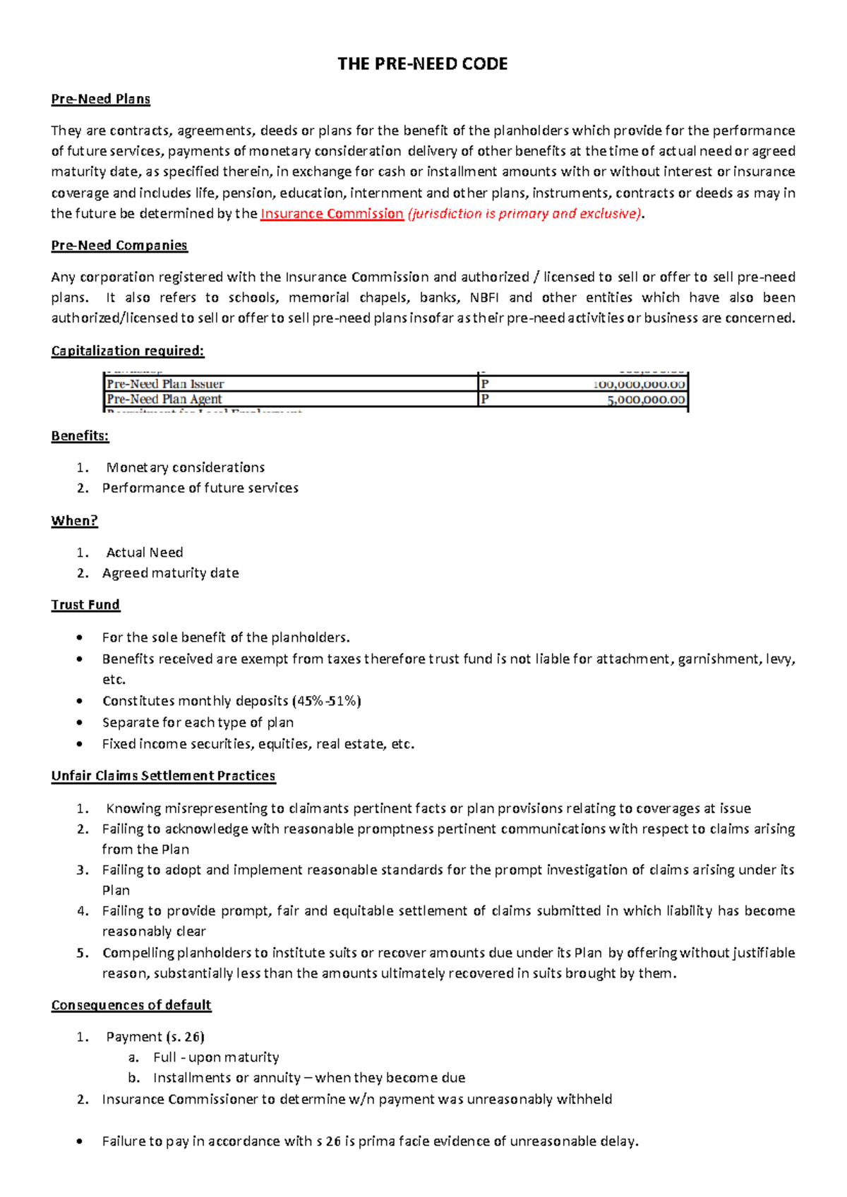 Pre Need Code Notes: Overview of Plans and Company Regulations - Studocu