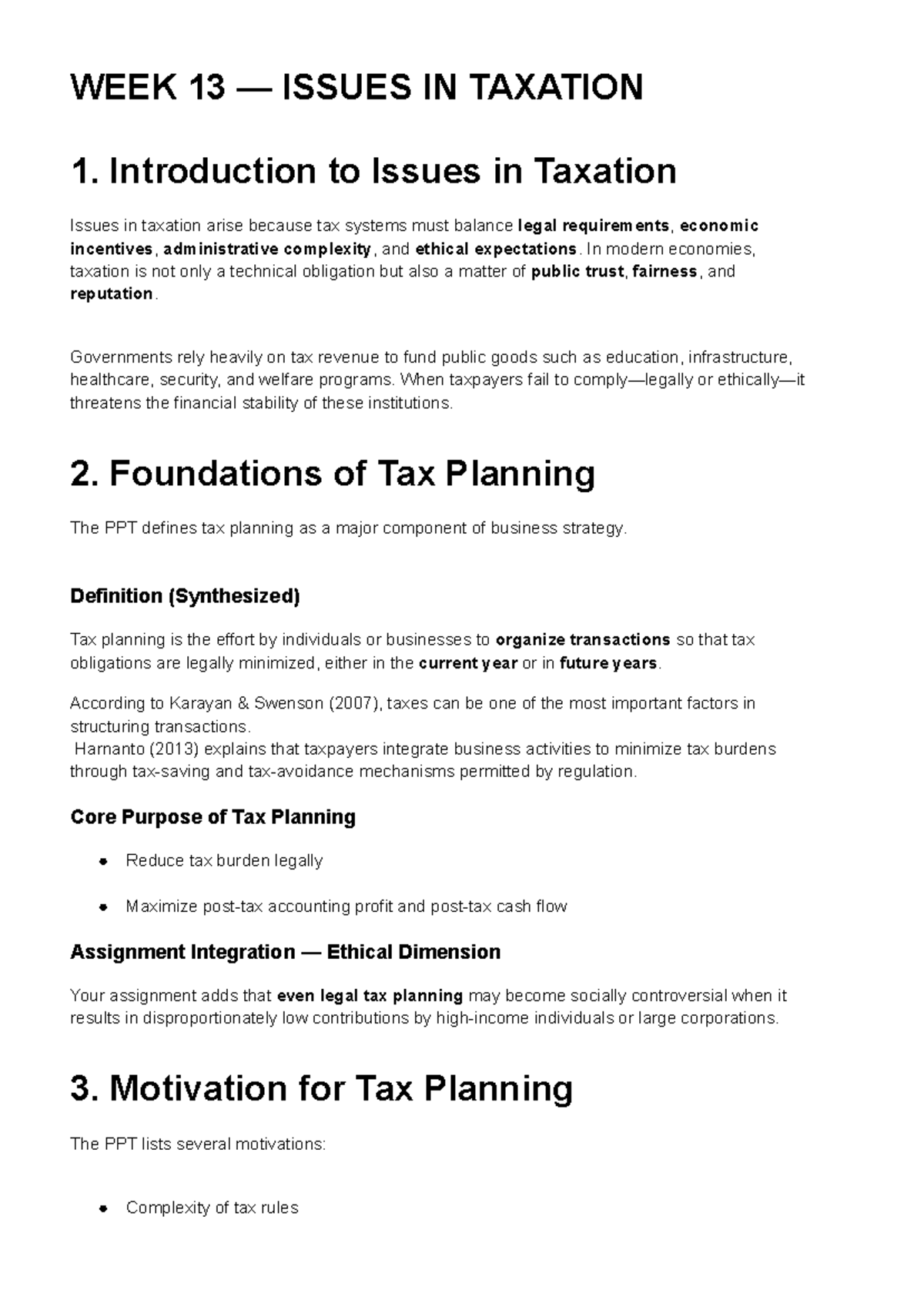 WEEK 13 Taxation - Key Issues and Insights on Tax Planning - Studocu
