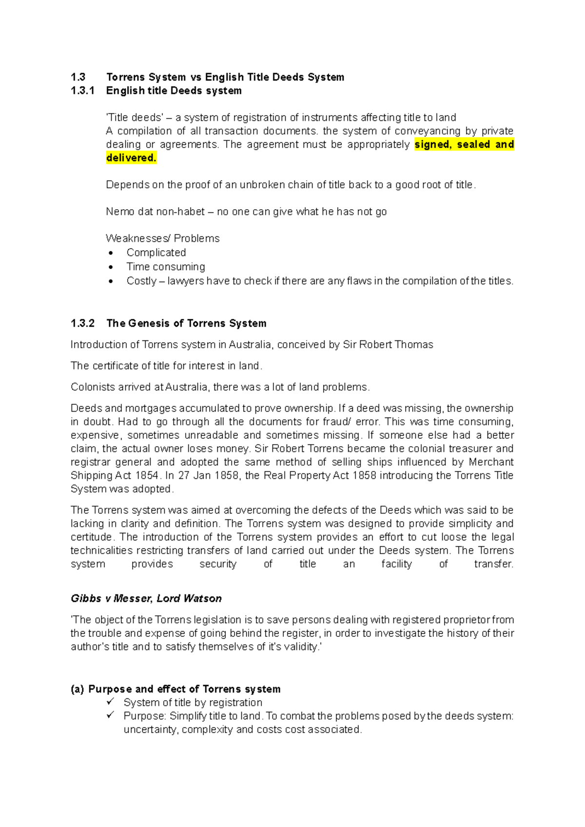 Land Law I: Torrens System vs English Title Deeds System Analysis - Studocu