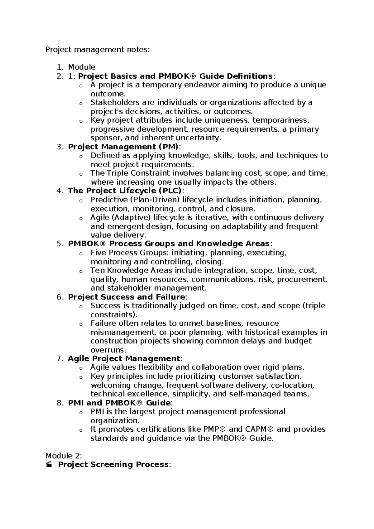 Project Management Notes: Module 2 & 3 Overview and Key Concepts - Studocu