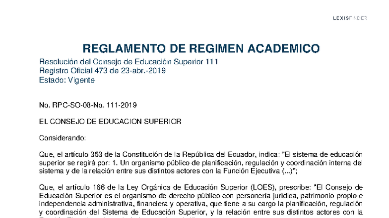Reglamento de Régimen Académico - Consejo de Educación Superior - Studocu