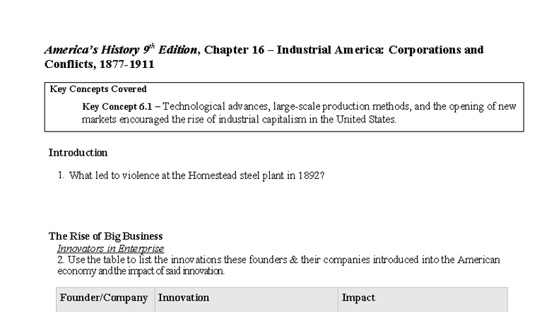 APUSH CH16 RG: Industrial America, Corporations & Conflicts (1877-1900 ...