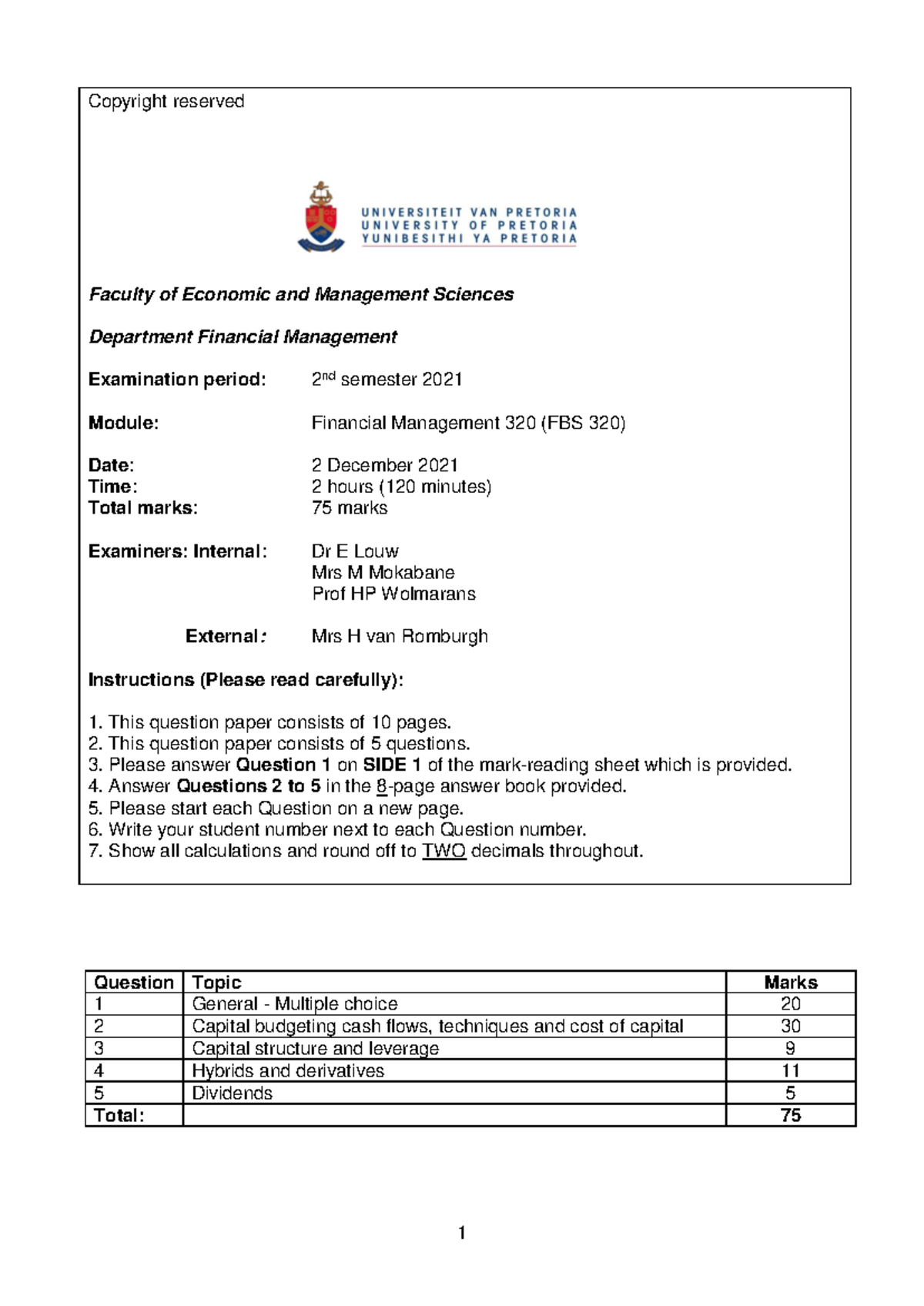FBS 320 2021 Financial Management Final Exam Paper - Studocu