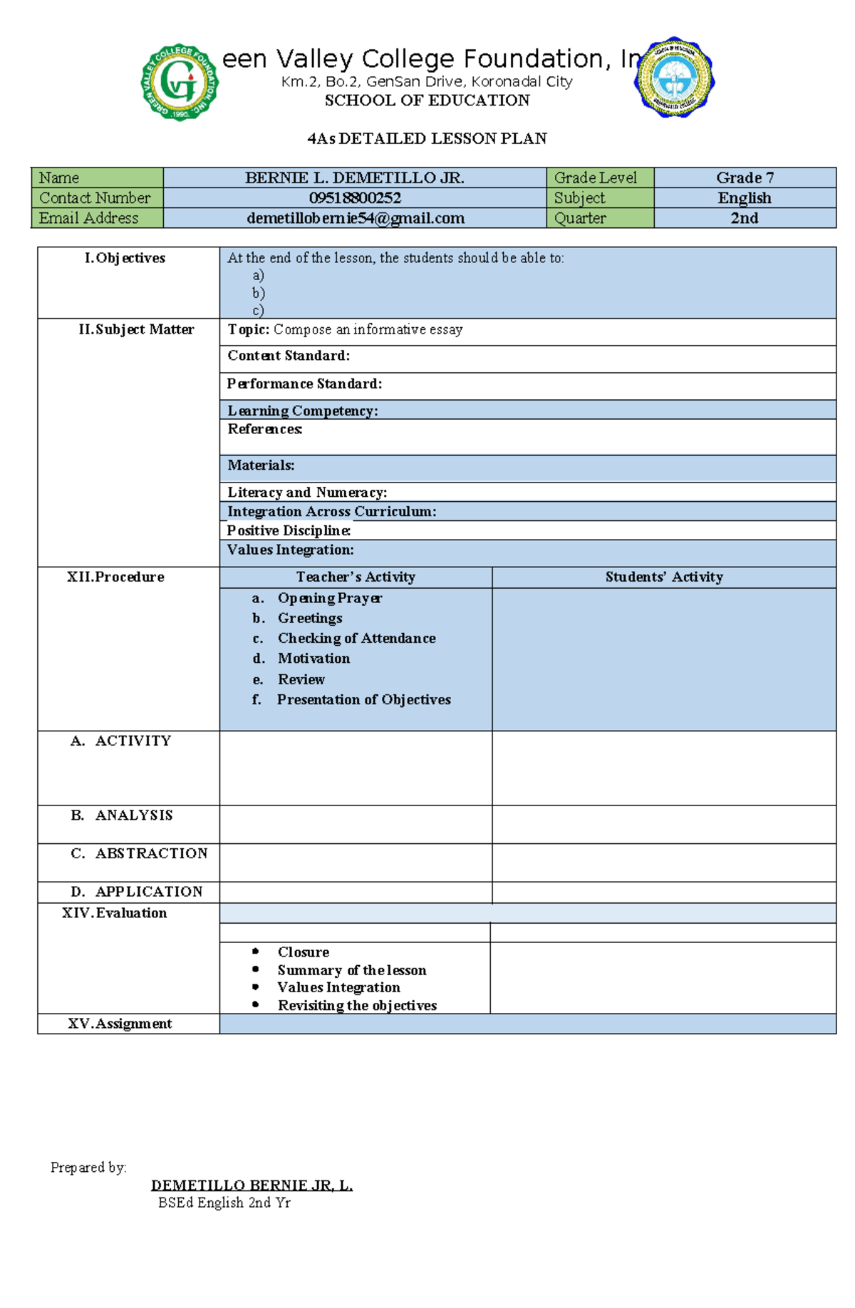 4AS Detailed Lesson Plan for Grade 7 English - Final Format - Studocu