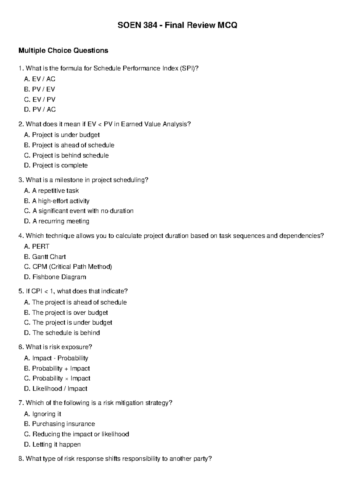 SOEN 384 Final Review: MCQ Questions on Project Management Concepts ...