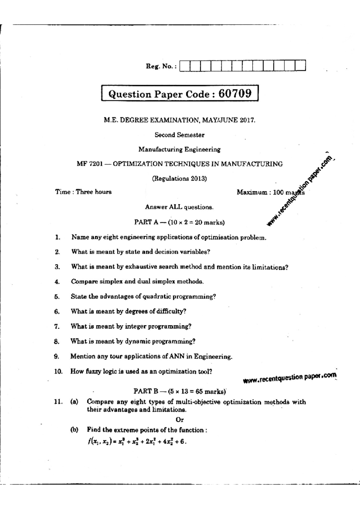 MF 7201 Final Exam: Optimization Techniques in Manufacturing, April-May ...
