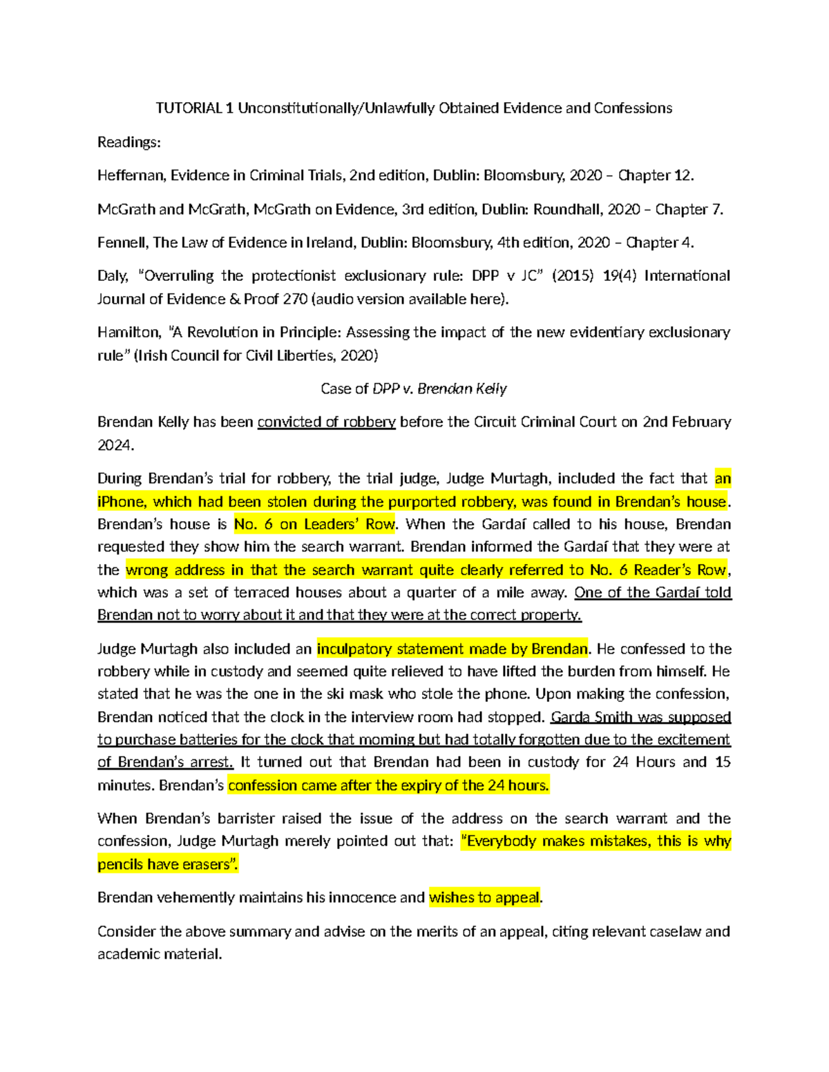 Tutorial 1 EL - Analysis of Unlawfully Obtained Evidence & Confessions ...