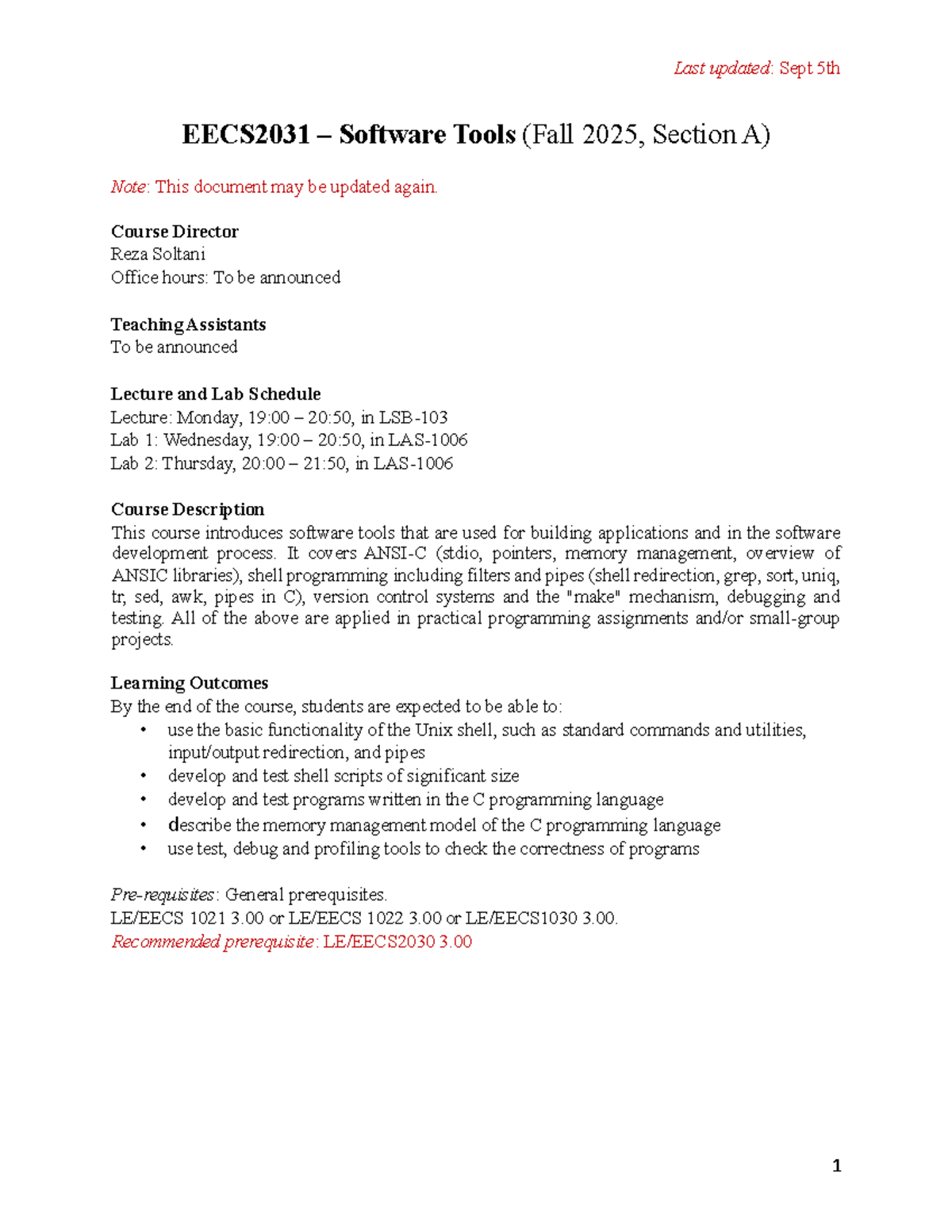 EECS2031A F25 Syllabus: Software Tools Course Overview - Studocu