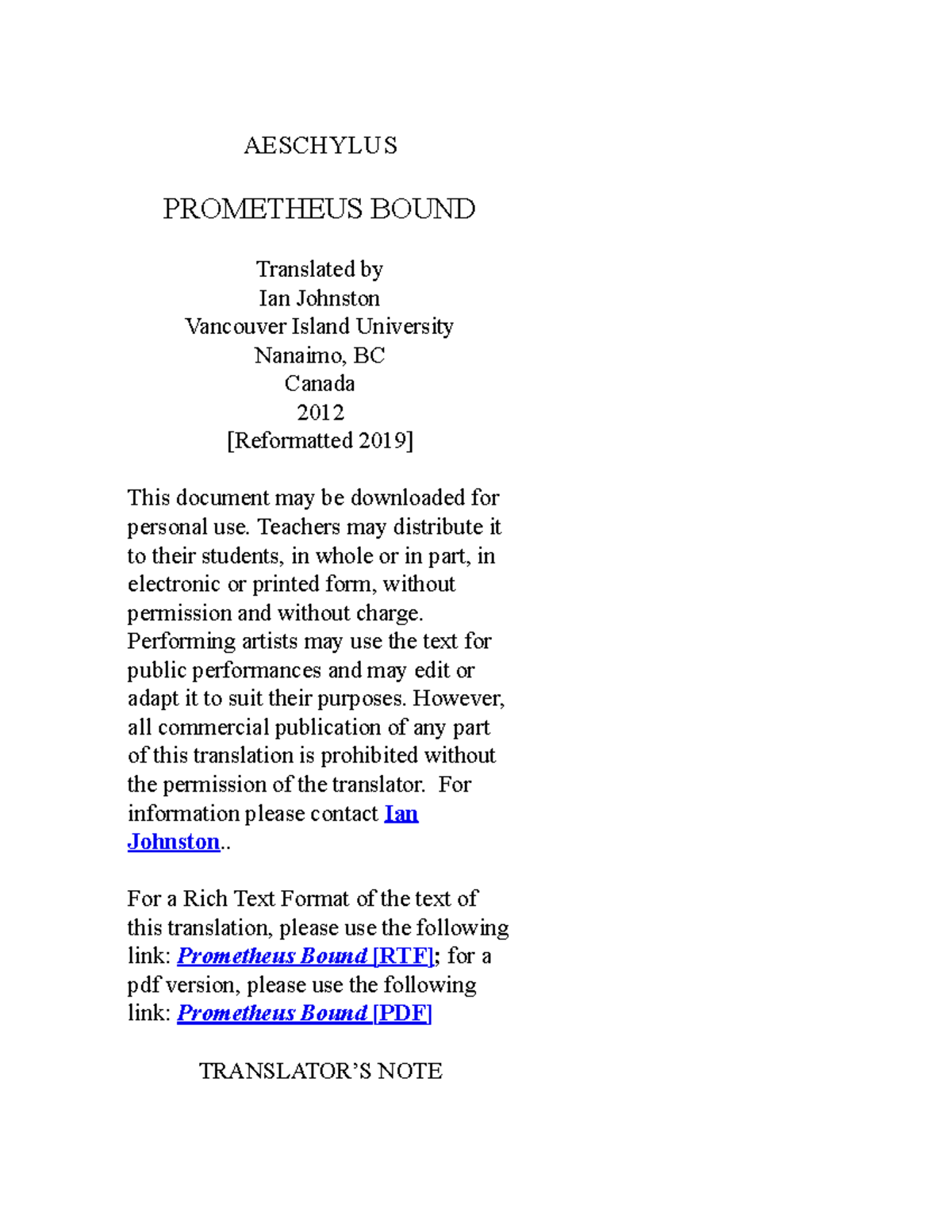 Prometheus Bound By Aeschylus Full Text