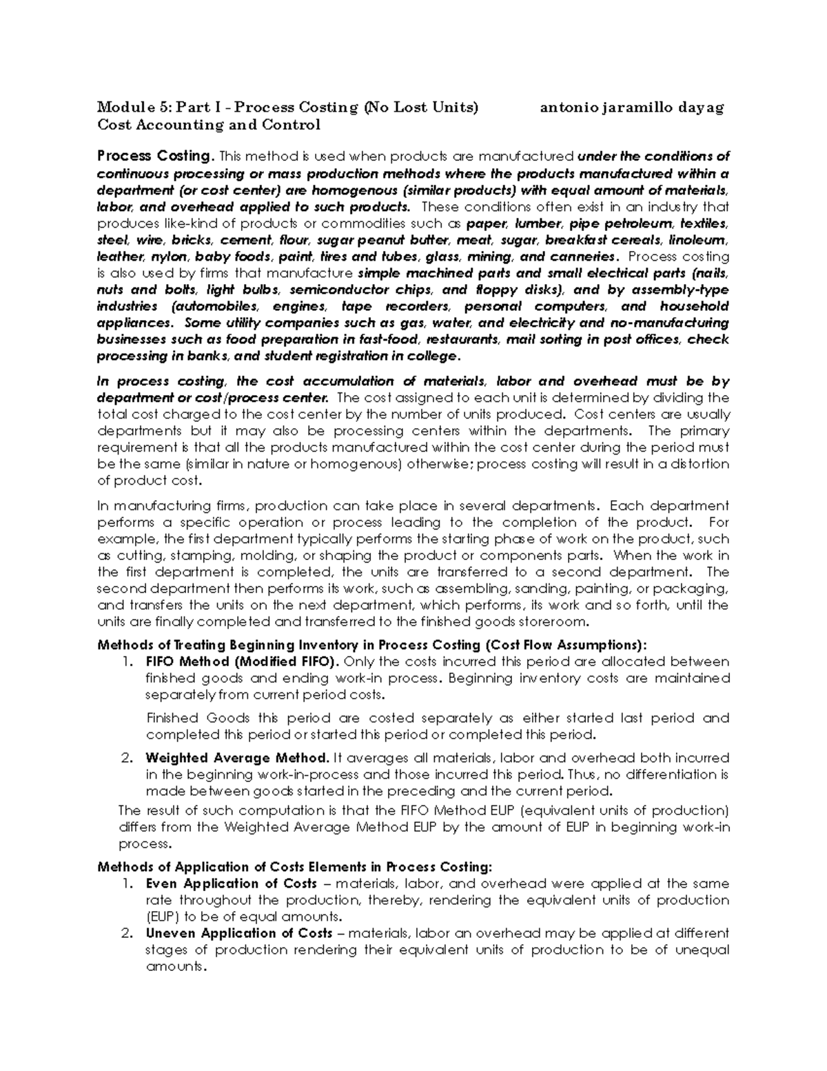 Process Costing Handout: Module 5 Overview for Cost Accounting (2nd Sem ...