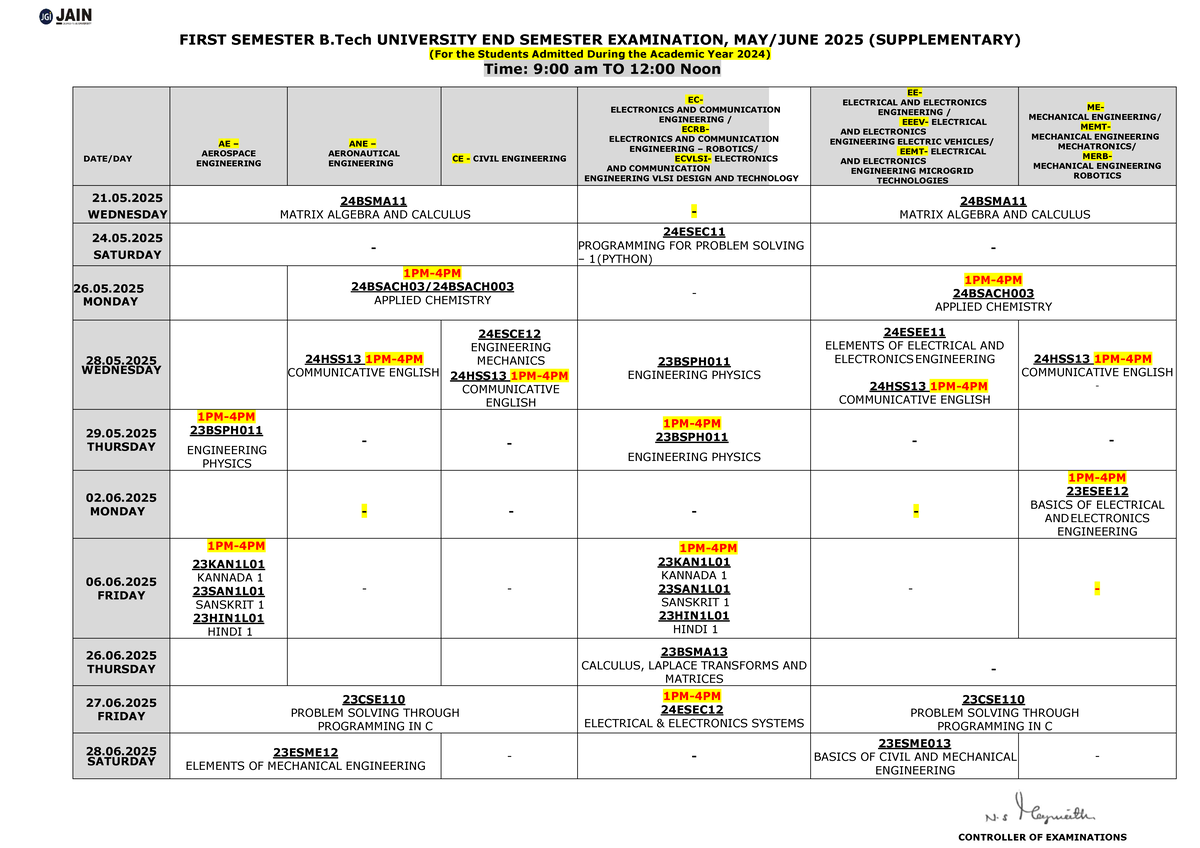I Semester B.Tech End Sem Exam Schedule - May/June 2025 (Supp 2024 ...