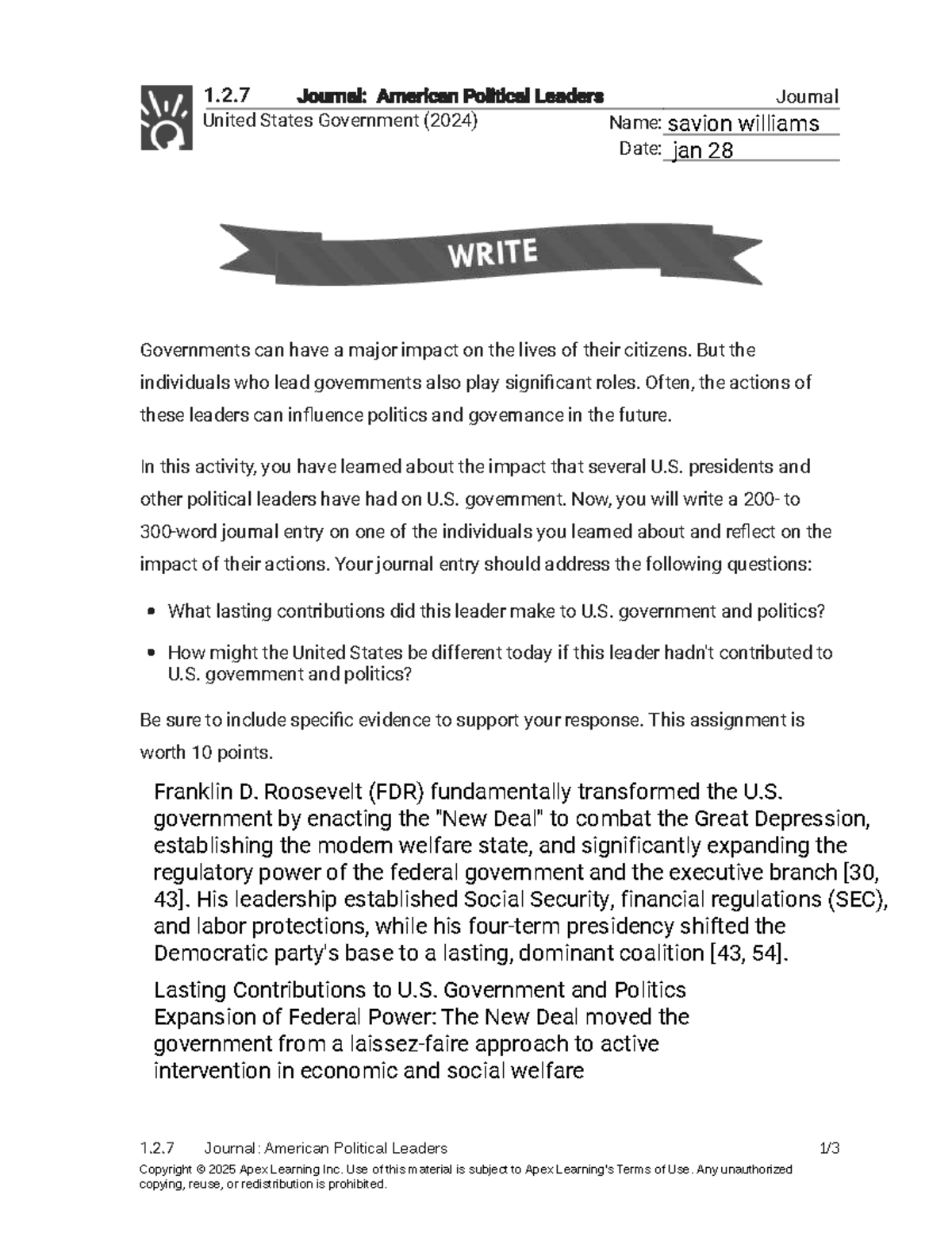 1.2.7 Journal: Impact of FDR on U.S. Government and Politics - Studocu