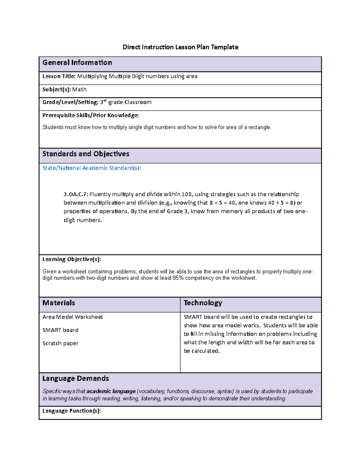 Lesson Plan: Multiplying Multi-Digit Numbers Using Area for D171 - Studocu