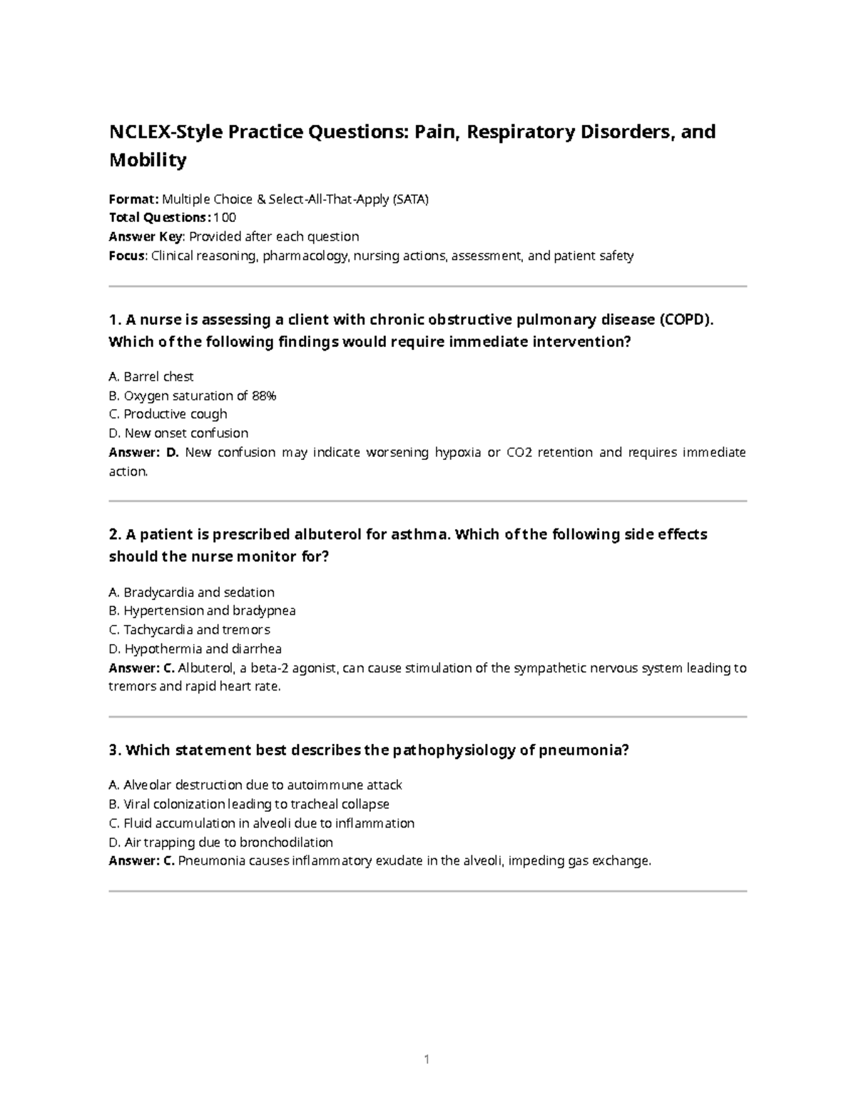 Practice Questions: Respiratory Disorders & Pain Management (NUR 101 ...