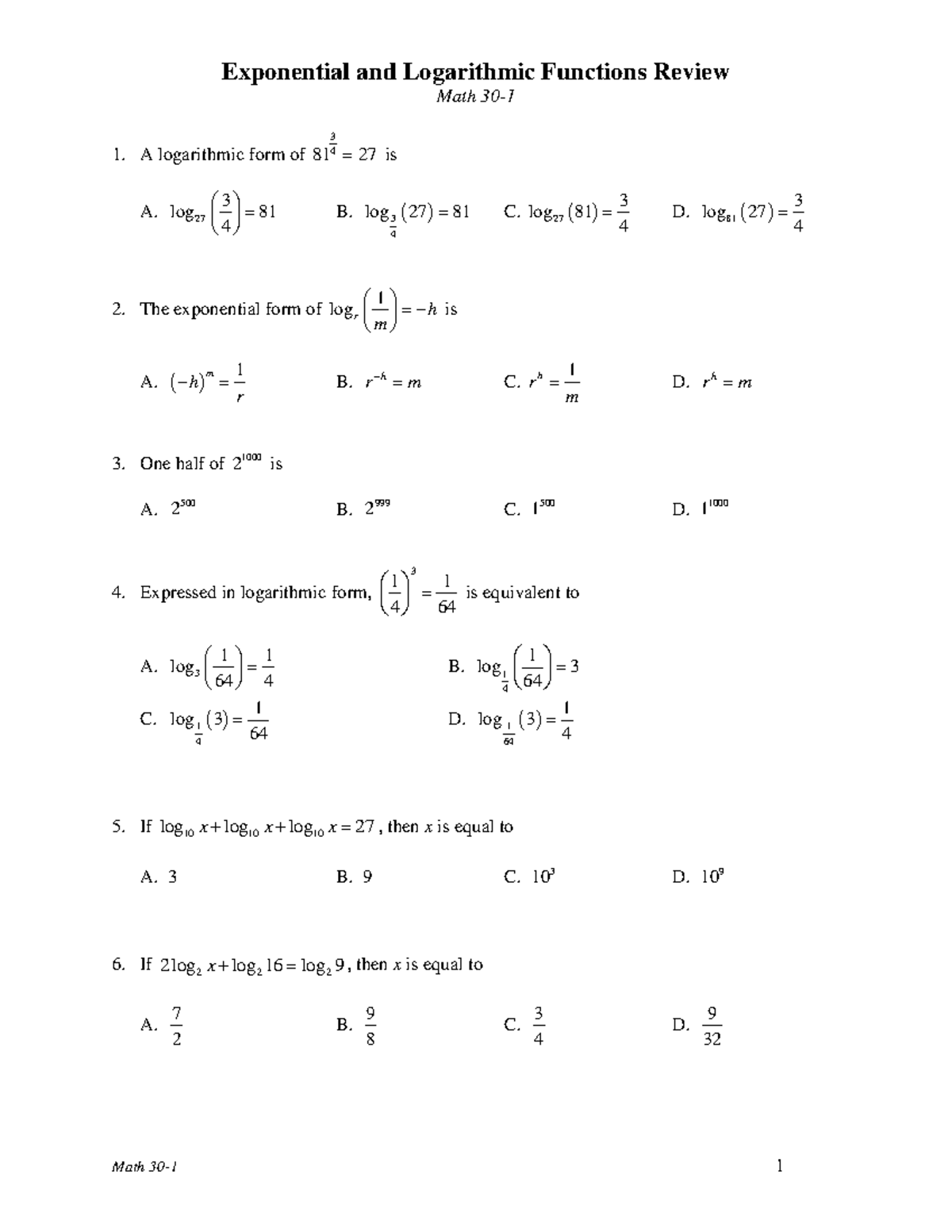 Exponential and Logarithmic Functions Review Math 3 - Studocu