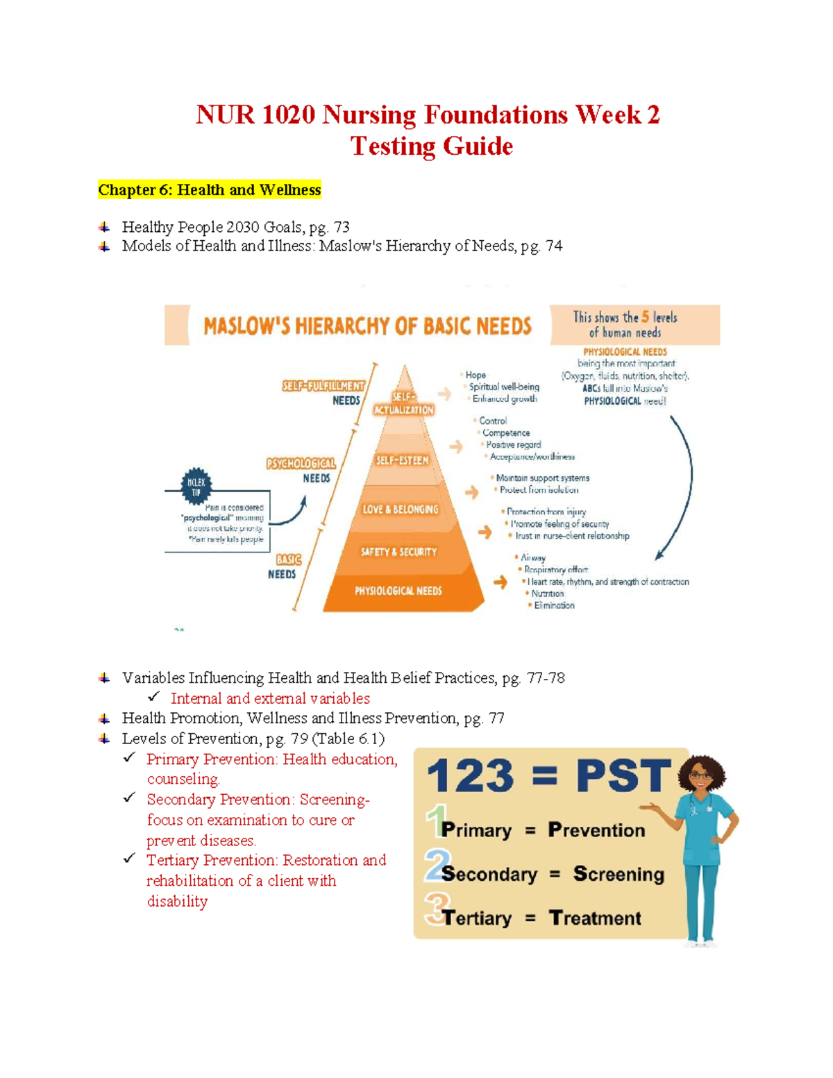 NUR 1020 Nursing Foundations Week 2 Study Guide: Health, Communication ...