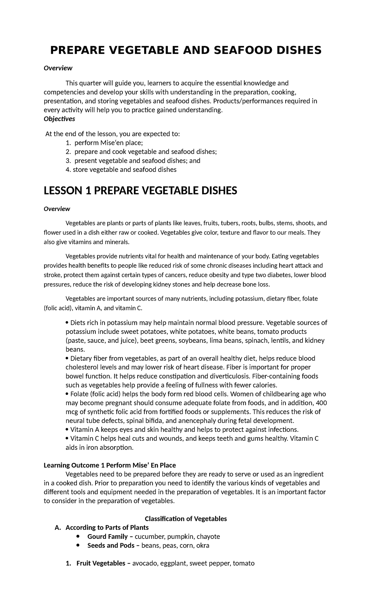 Quarter II - Module: Preparing Vegetable & Seafood Dishes - Studocu