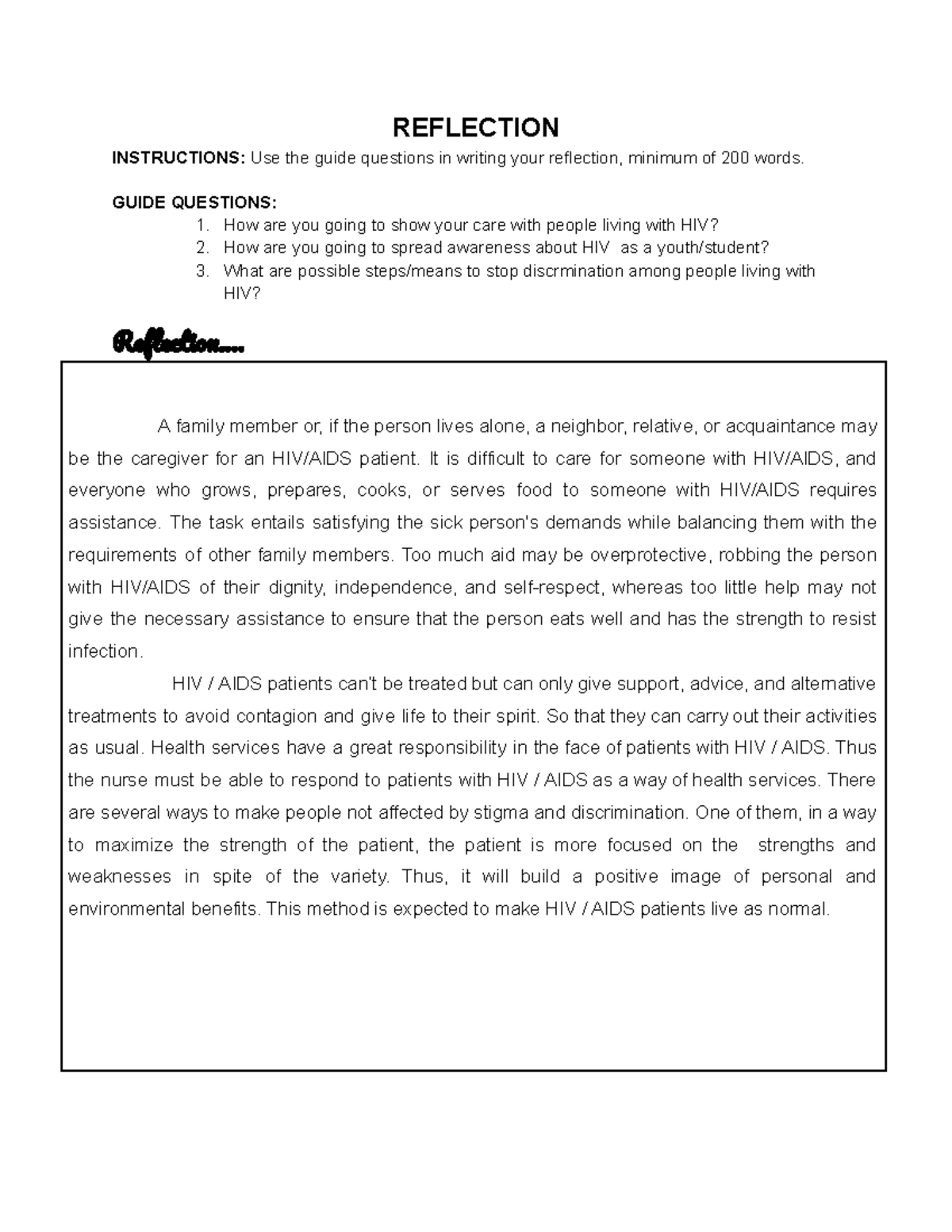 Essay Notes on HIV-AIDS Reflection and Awareness Strategies - Studocu