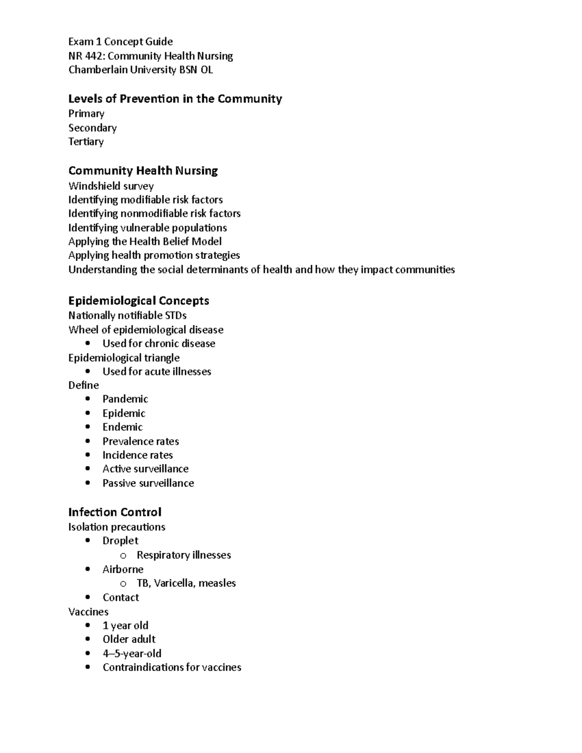 NR442: Exam 1 Concept Guide for Community Health Nursing - Studocu