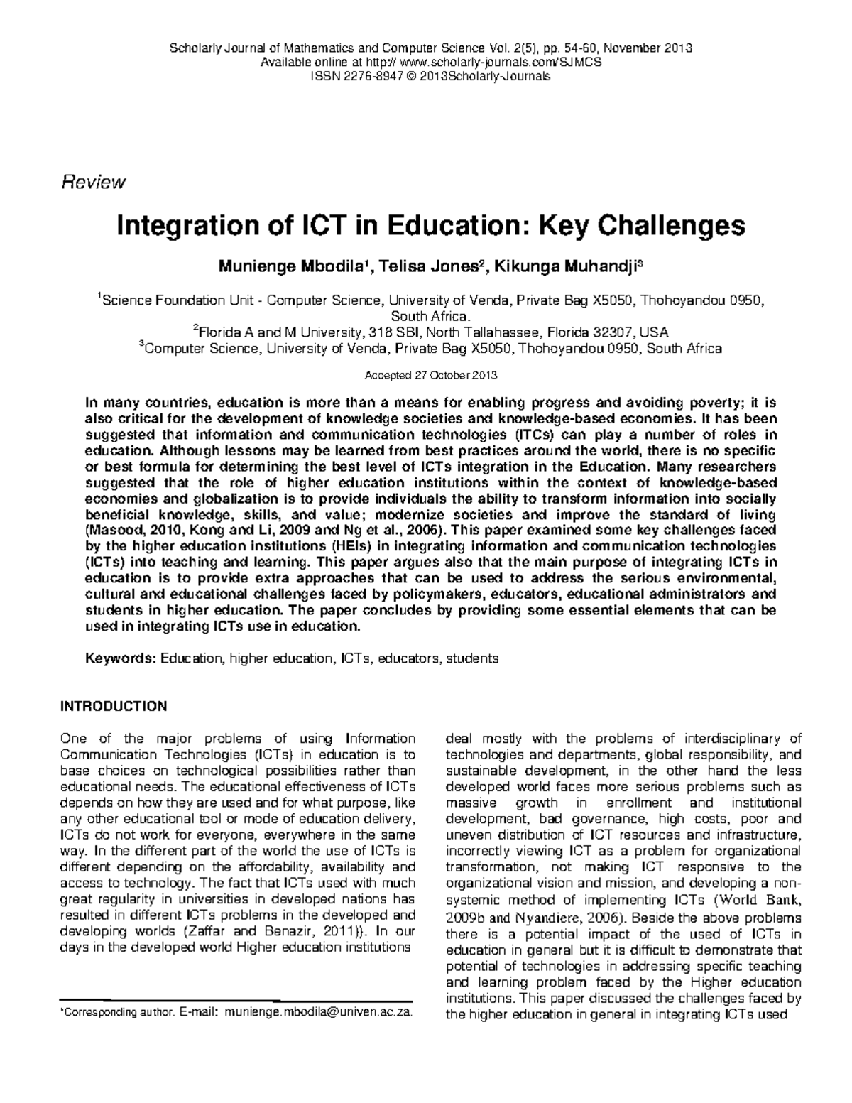 Integration of ICT in Education Key Chal - Scholarly Journal of ...