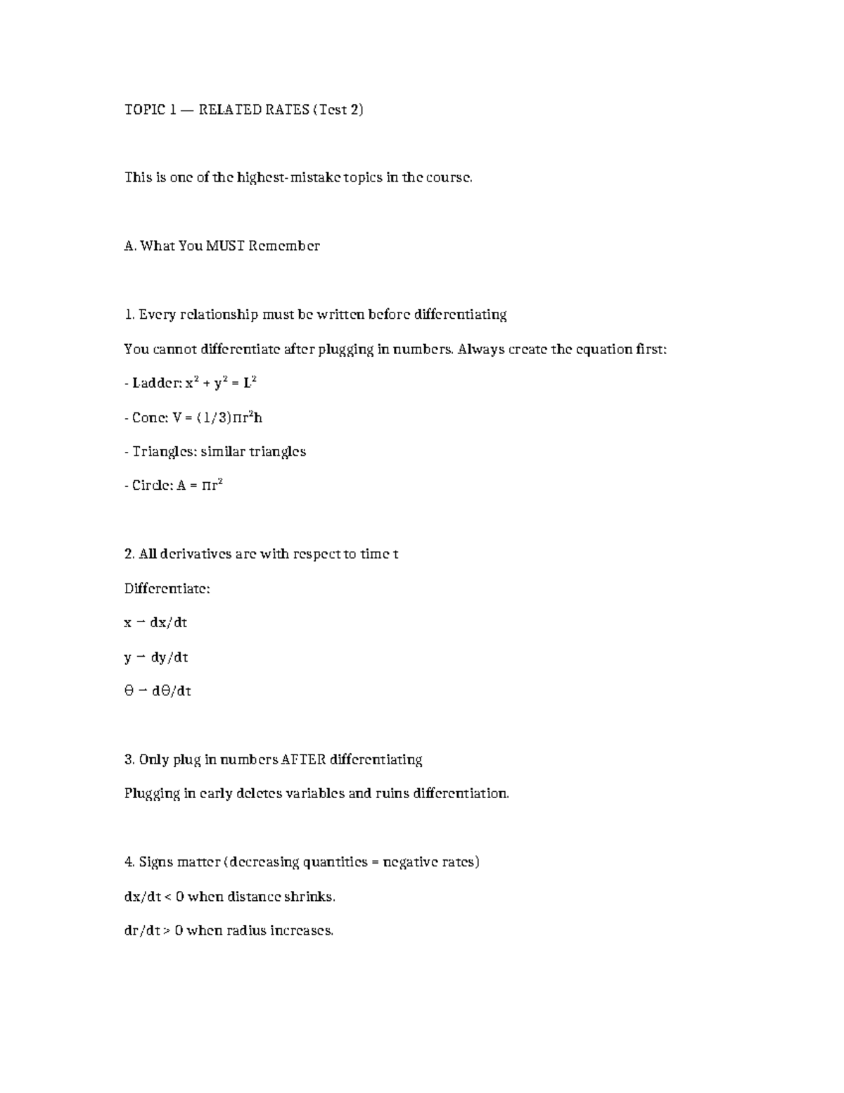 Related Rates Notes (MATH 101 - Test 2) - Studocu