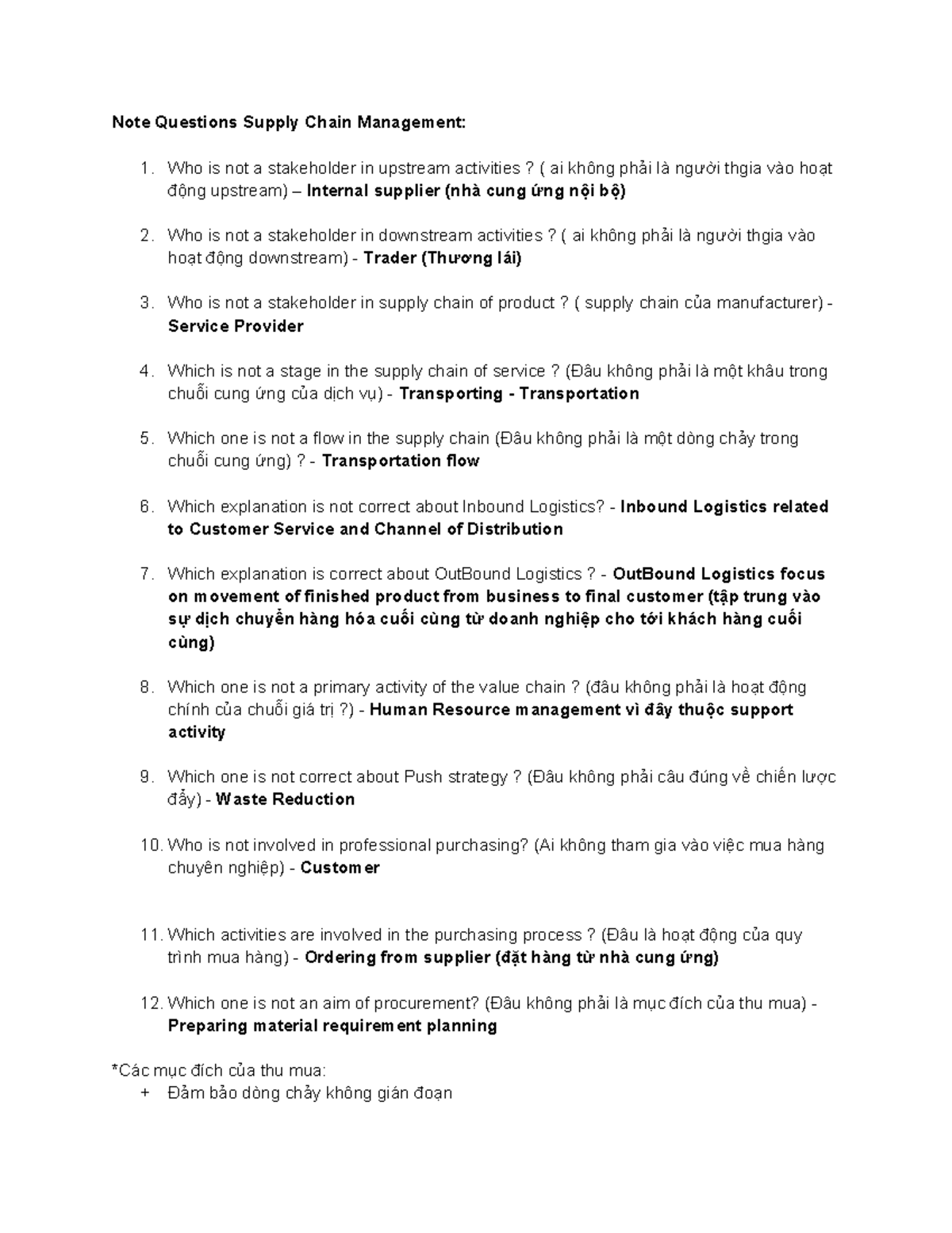 Supply Chain Management Note Questions: Key Concepts & Stakeholders ...