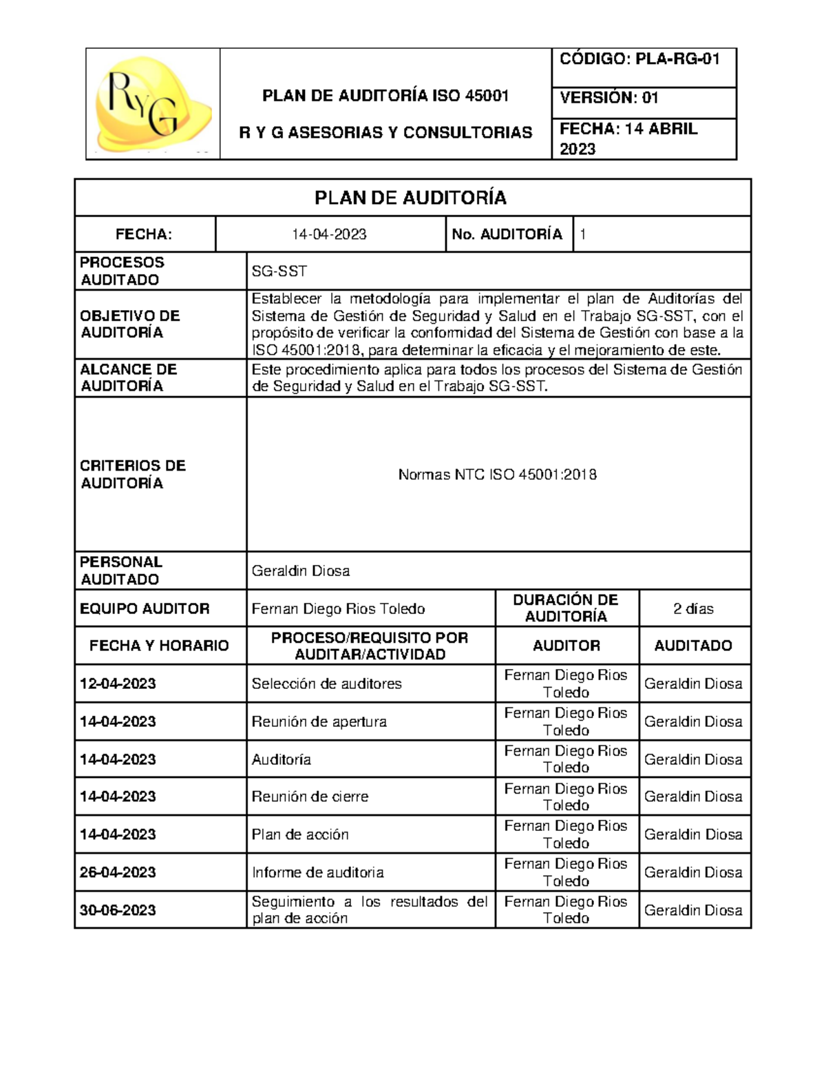 PLAN DE AUDITORÍA SG-SST según ISO 45001 - Ejemplo PLA-RG-01 - Studocu
